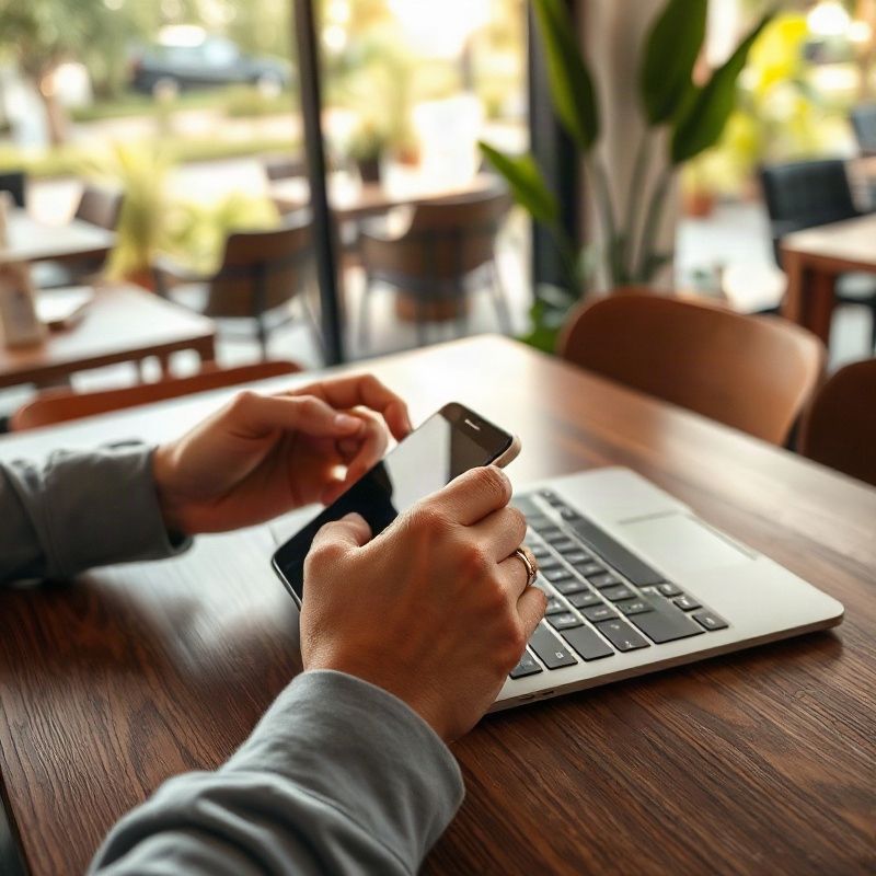 Mãos configuram a sincronização entre celular e notebook sobre uma mesa de atendimento.
